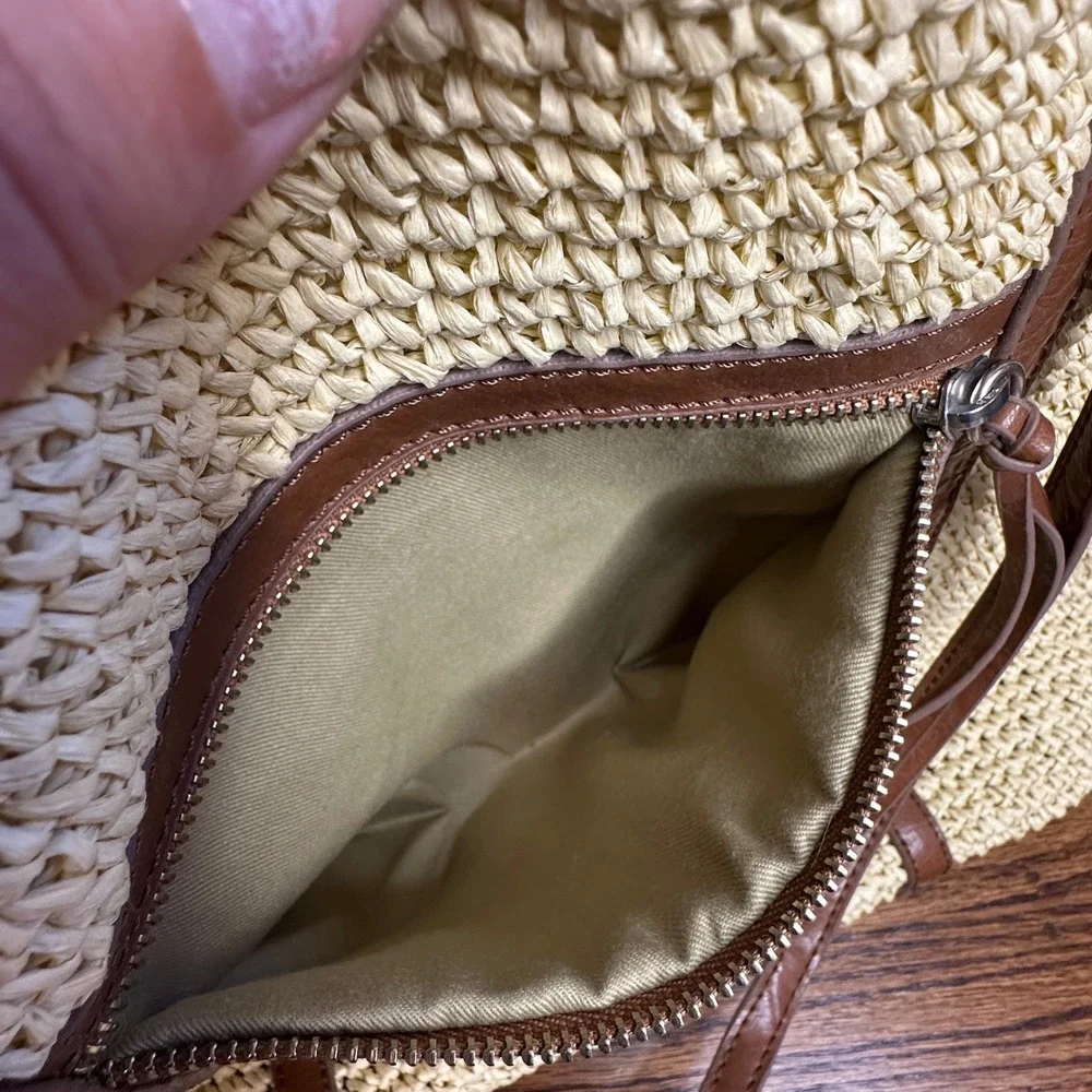 Banana Republic Woven Straw Tote Bag Brown Trim Large Beach Shoulder Bag Tan